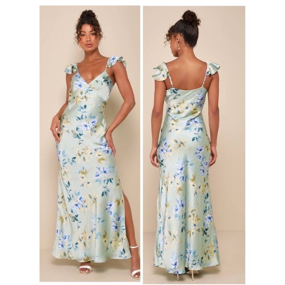 Lulu's Mint Floral Satin Maxi Dress with Blue & Yellow Blooms
